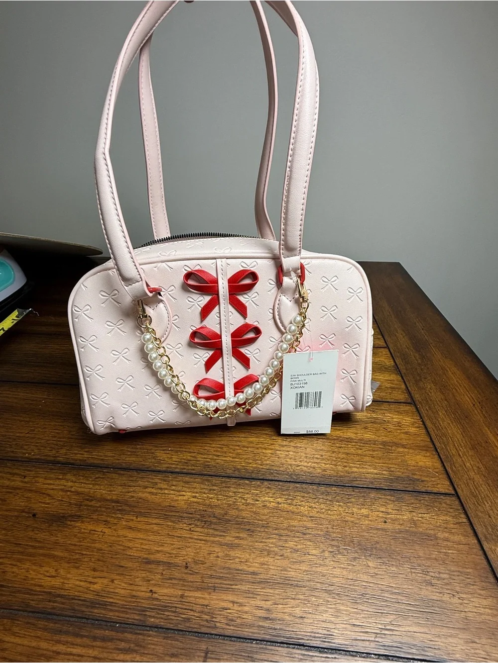 Betsey Johnson Pink Bow Shoulder Bag Pearl Chain Charm Zip Lined Inner Pockets